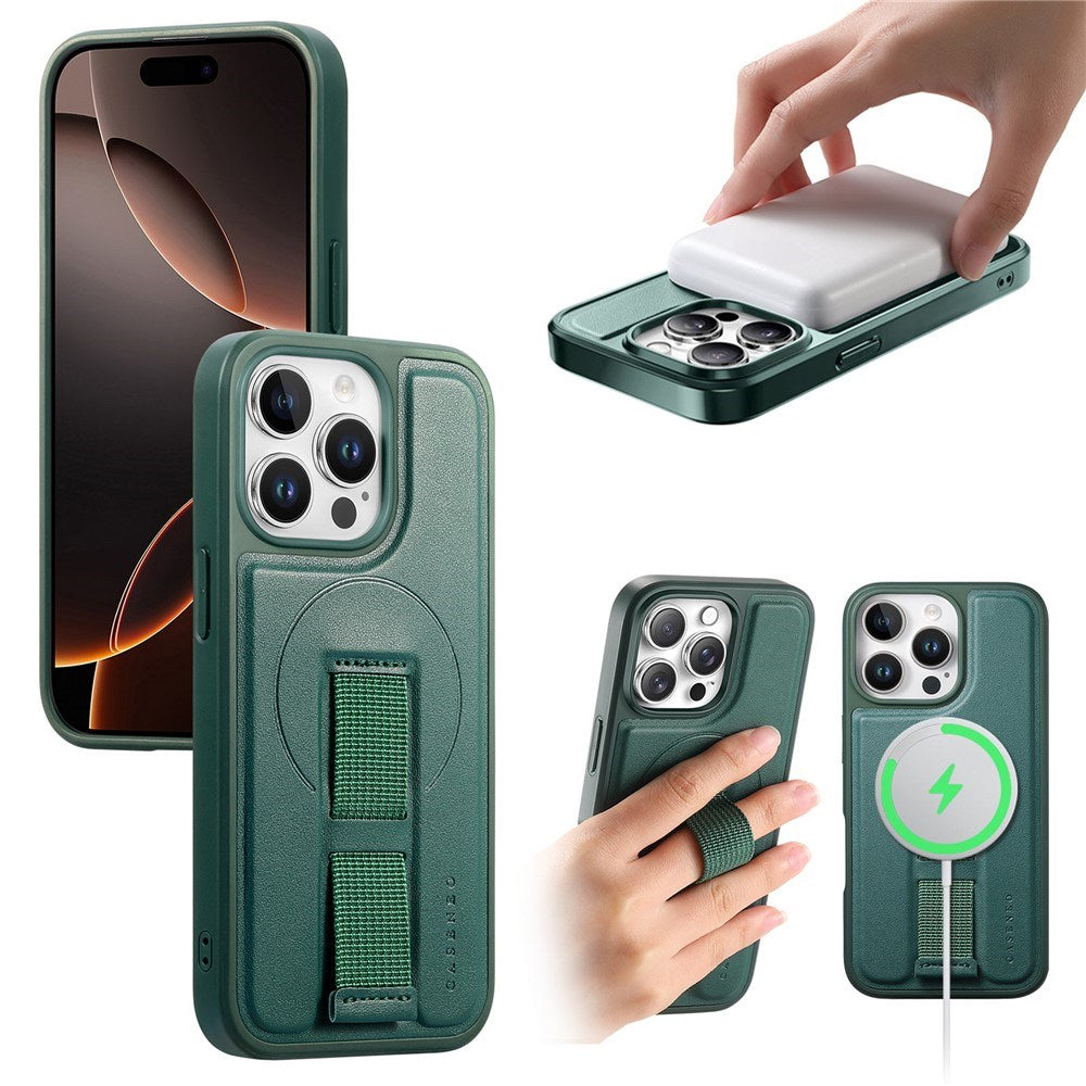 iPhone 14 Pro Hard Plastic Case with Faux Leather Back & Finger Strap - MagSafe Compatible - Green