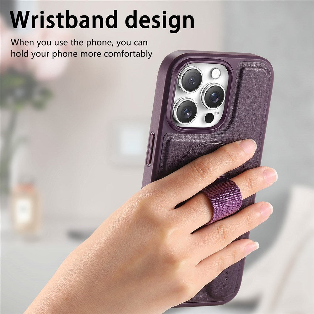 iPhone 14 Pro Hard Plastic Case with Faux Leather Back & Finger Strap - MagSafe Compatible - Purple