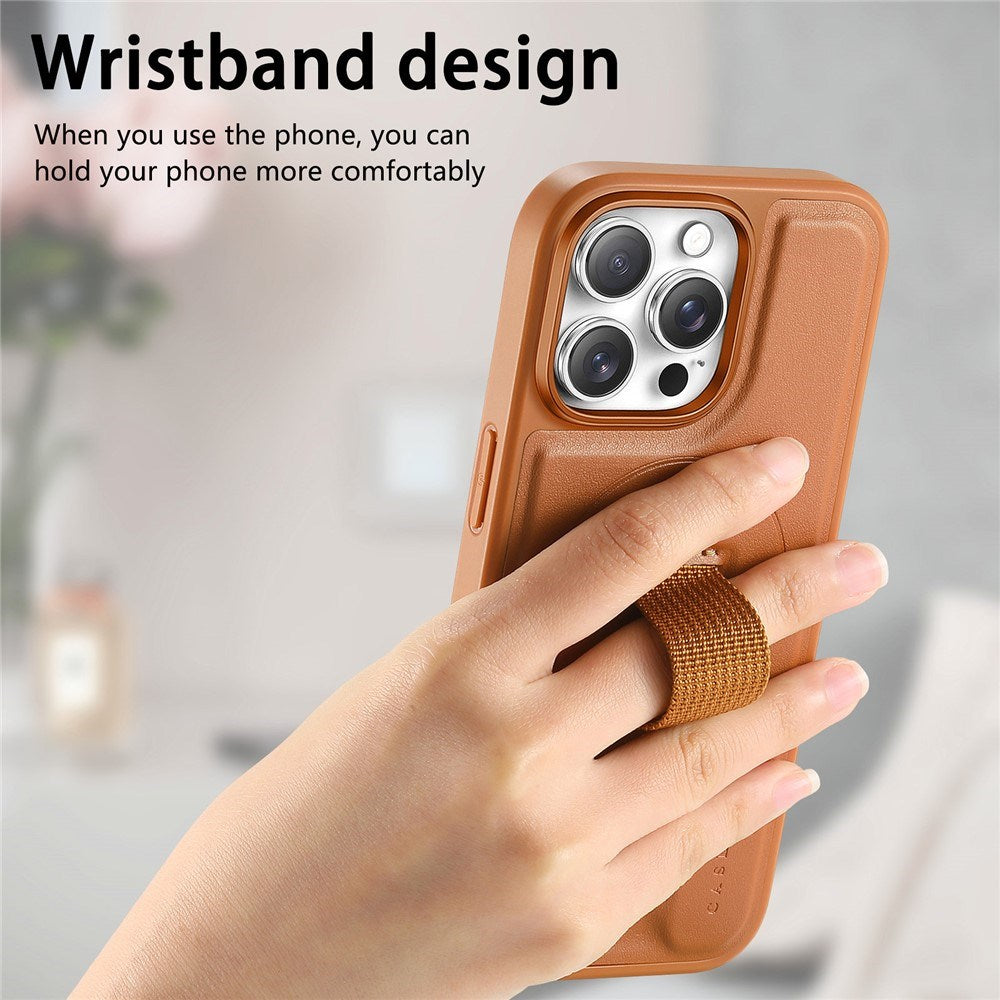 iPhone 15 Pro Hard Plastic Case with Faux Leather Back & Finger Strap - MagSafe Compatible - Brown