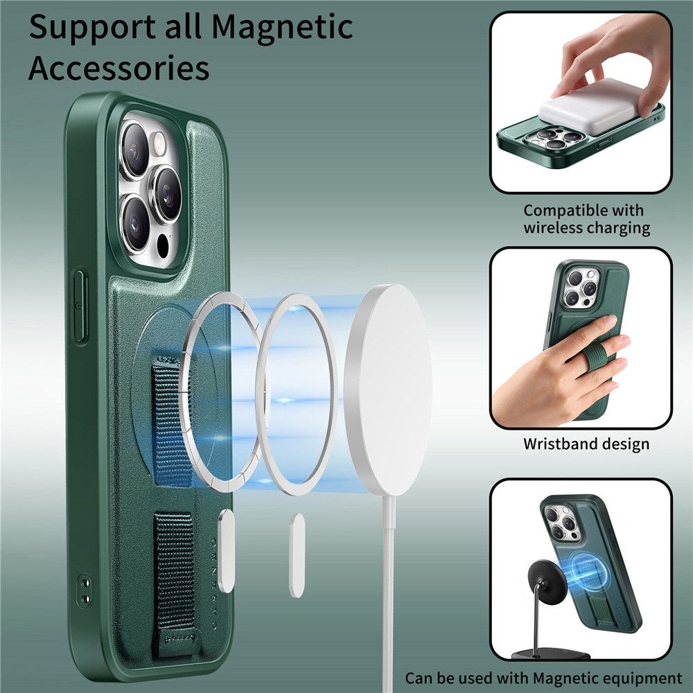 iPhone 15 Pro Hard Plastic Case with Faux Leather Back & Finger Strap - MagSafe Compatible - Green