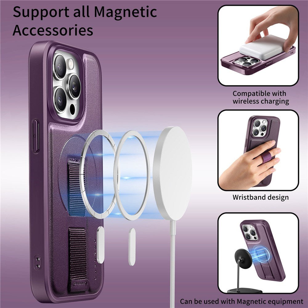 iPhone 15 Pro Hard Plastic Case with Faux Leather Back & Finger Strap - MagSafe Compatible - Purple
