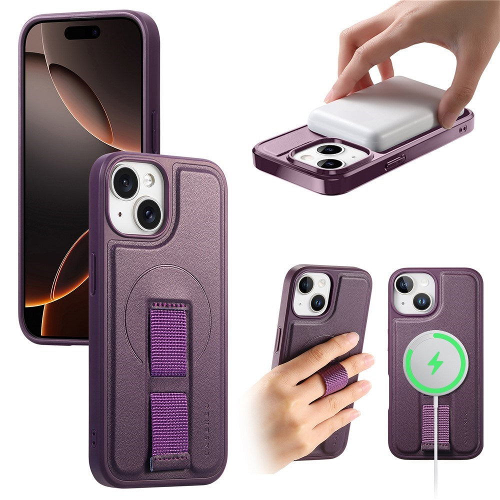 iPhone 15 Hard Plastic Case with Faux Leather Back & Finger Strap - MagSafe Compatible - Purple
