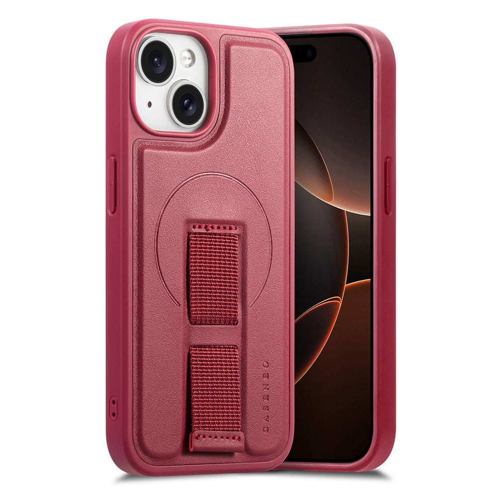 iPhone 15 Hard Plastic Case with Faux Leather Back & Finger Strap - MagSafe Compatible - Red