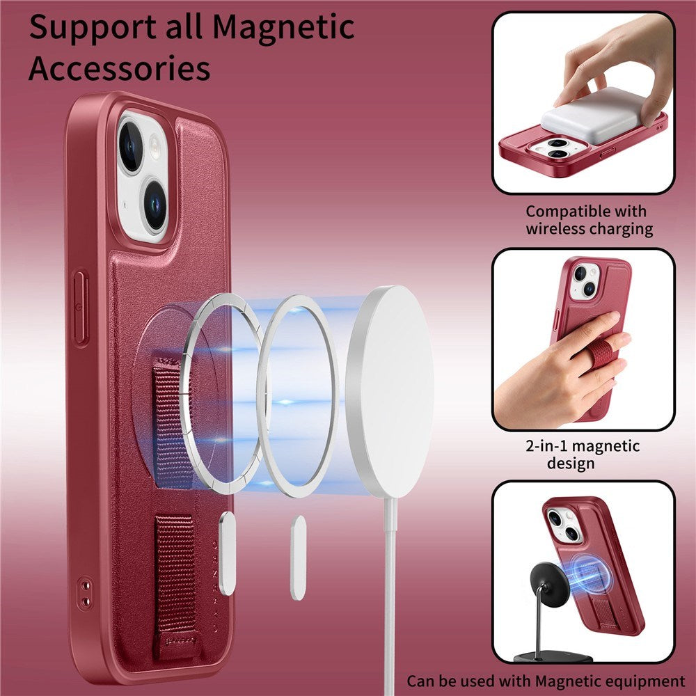 iPhone 15 Hard Plastic Case with Faux Leather Back & Finger Strap - MagSafe Compatible - Red