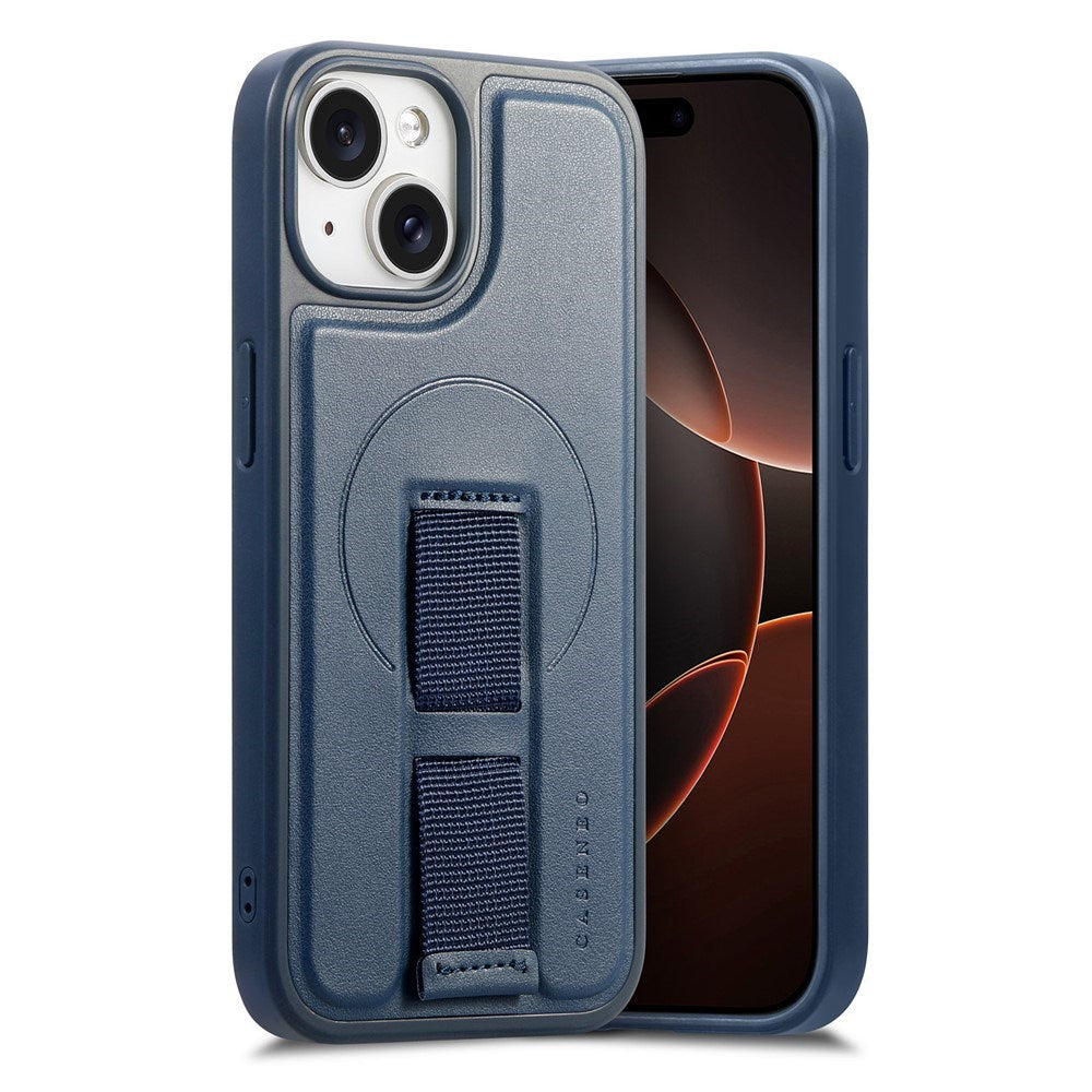 iPhone 15 Hard Plastic Case with Faux Leather Back & Finger Strap - MagSafe Compatible - Blue