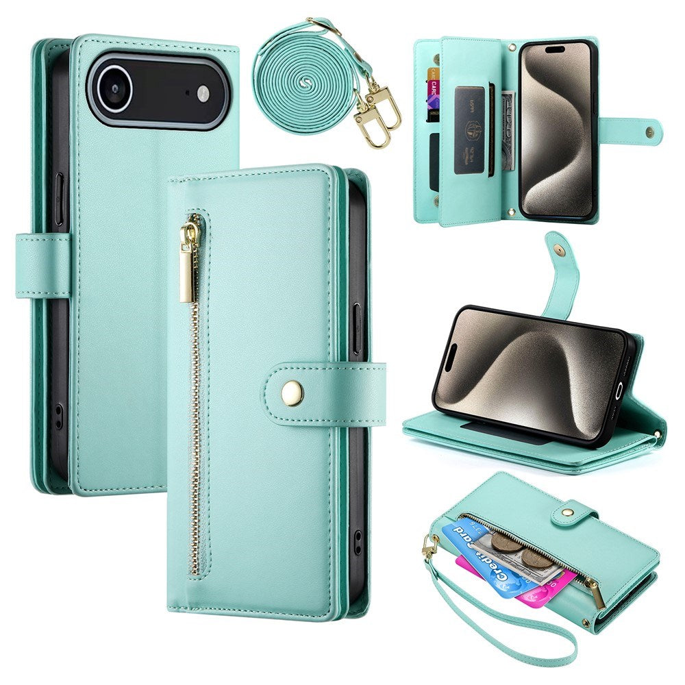 EIDERWOOD iPhone Air Flip Case with Card Holder / Zipper Pocket / Strap - Turquoise