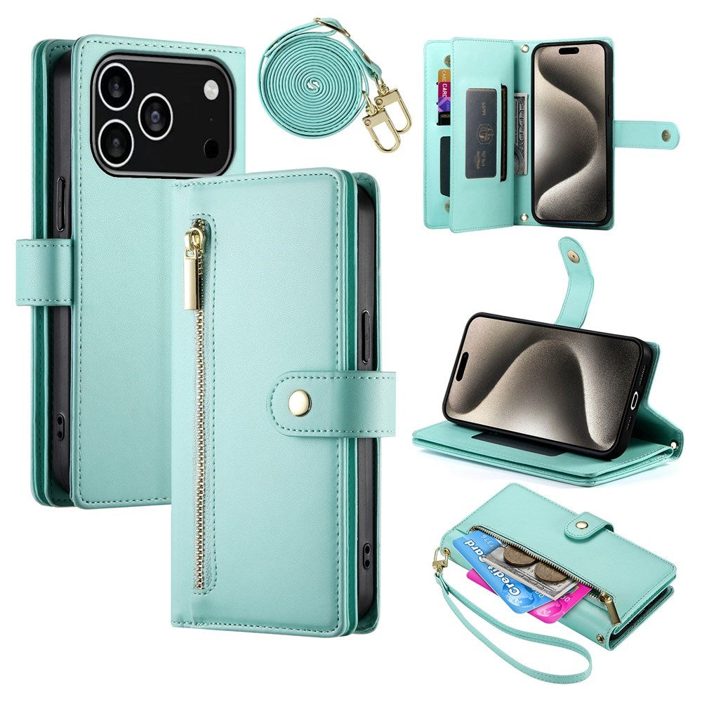 EIDERWOOD iPhone 17 Pro Flip Case with Card Holder / Zipper Pocket / Strap - Turquoise