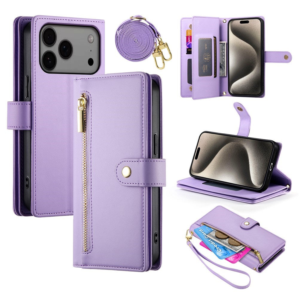EIDERWOOD iPhone 17 Pro Max Flip Case with Card Holder / Zipper Pocket / Strap - Purple