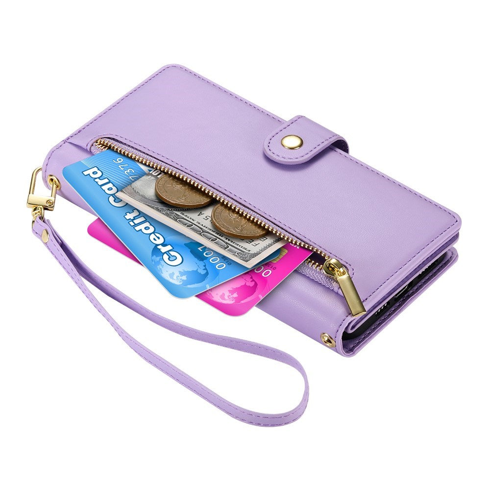EIDERWOOD iPhone 17 Pro Max Flip Case with Card Holder / Zipper Pocket / Strap - Purple