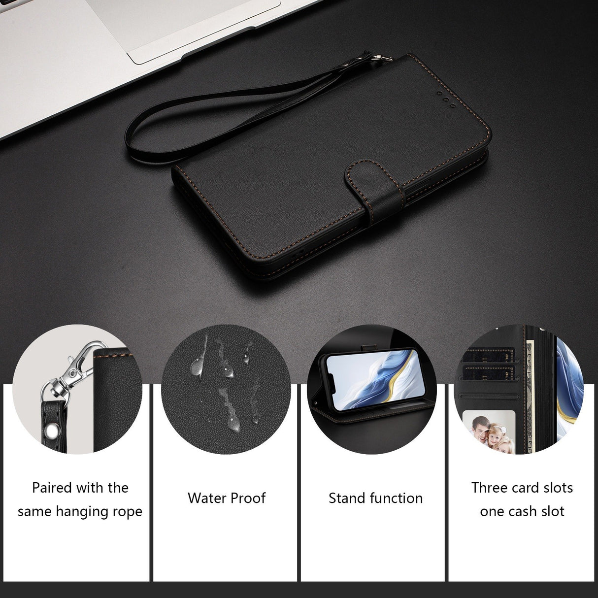iPhone 18 Pro Max / 17 Pro Max EIDERWOOD Faux Leather Flip Case with Strap - Black