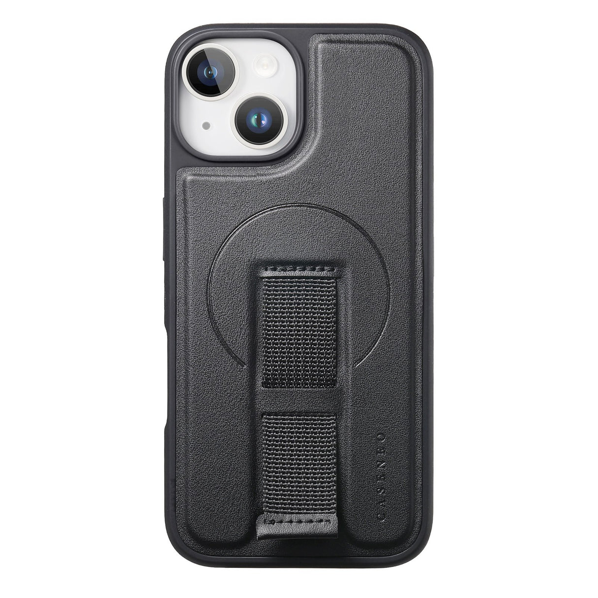 iPhone 14 / 13 Hard Plastic Case with Faux Leather Back & Finger Strap - MagSafe Compatible - Black