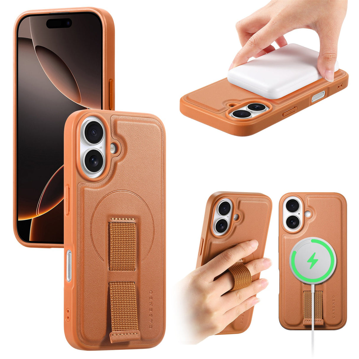 iPhone 16 Hard Plastic Case with Faux Leather Back & Finger Strap - MagSafe Compatible - Brown