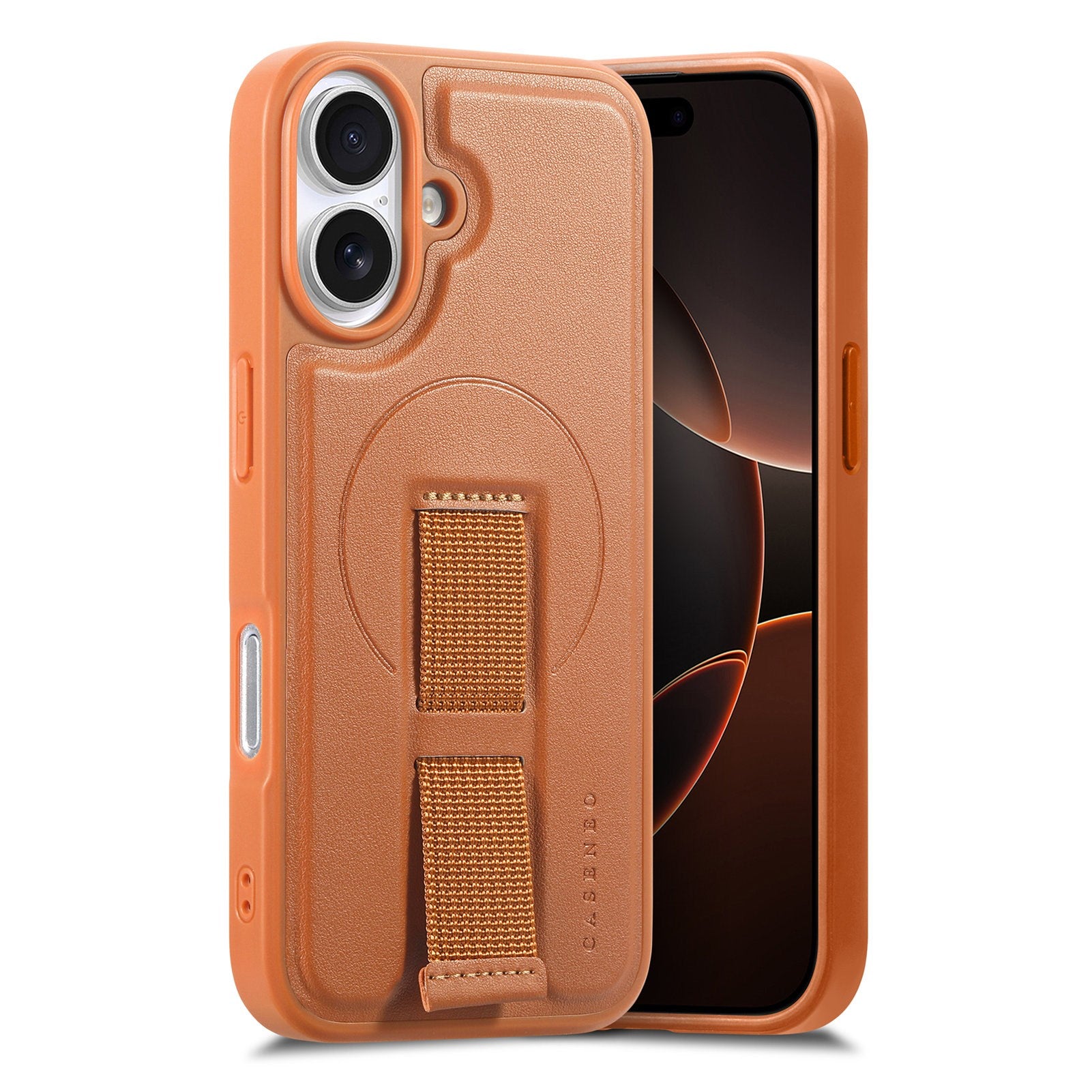 iPhone 16 Hard Plastic Case with Faux Leather Back & Finger Strap - MagSafe Compatible - Brown