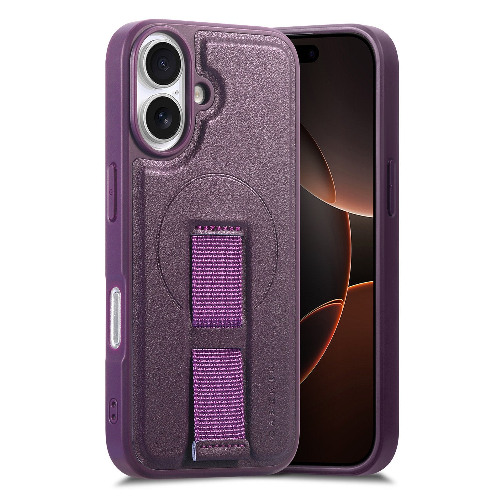 iPhone 16 Hard Plastic Case with Faux Leather Back & Finger Strap - MagSafe Compatible - Purple