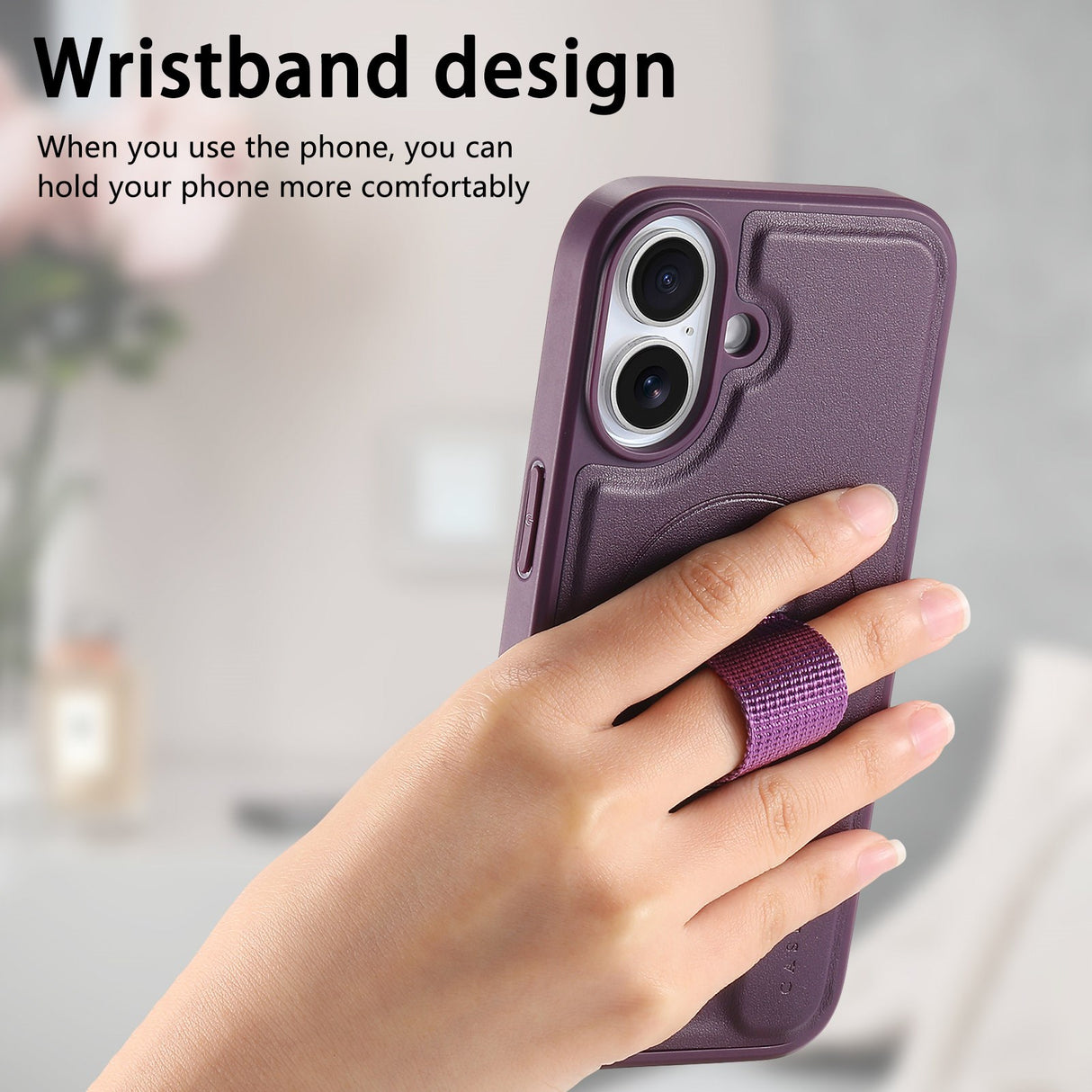 iPhone 16 Hard Plastic Case with Faux Leather Back & Finger Strap - MagSafe Compatible - Purple