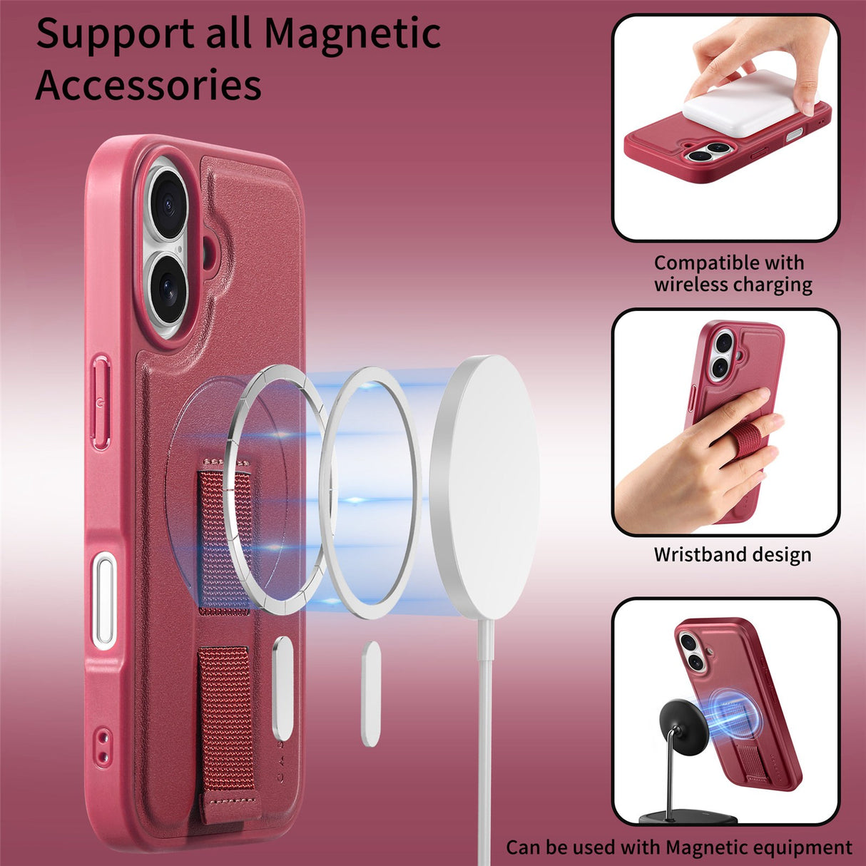 iPhone 16 Hard Plastic Case with Faux Leather Back & Finger Strap - MagSafe Compatible - Red