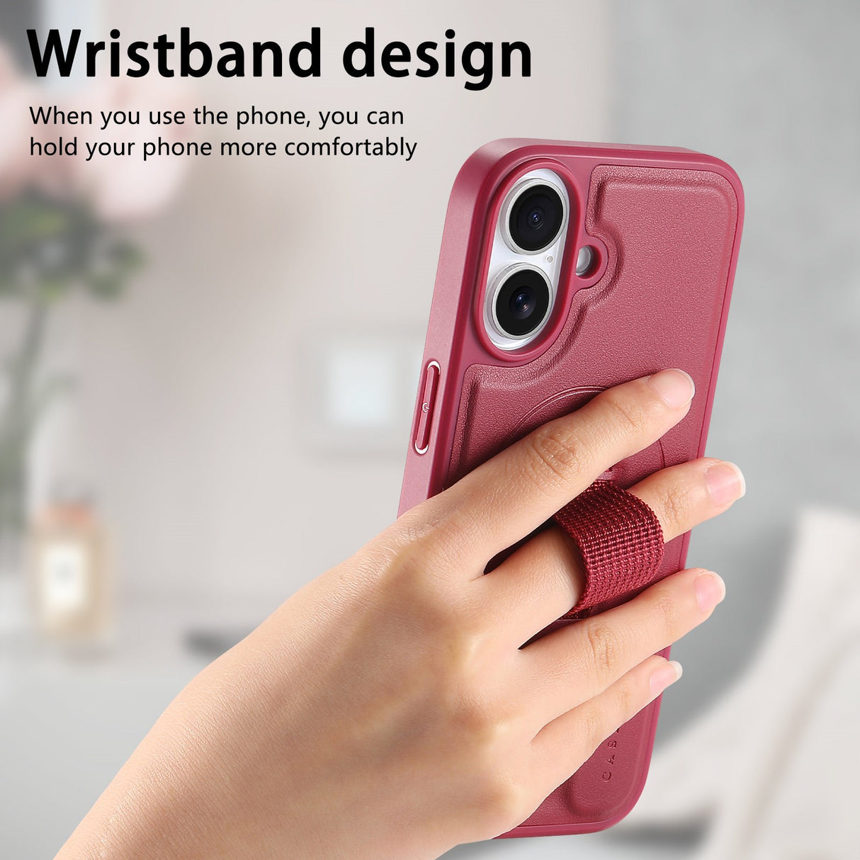 iPhone 16 Hard Plastic Case with Faux Leather Back & Finger Strap - MagSafe Compatible - Red