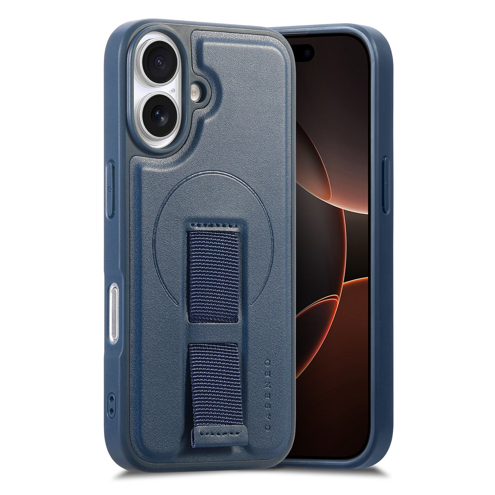 iPhone 16 Hard Plastic Case with Faux Leather Back & Finger Strap - MagSafe Compatible - Blue