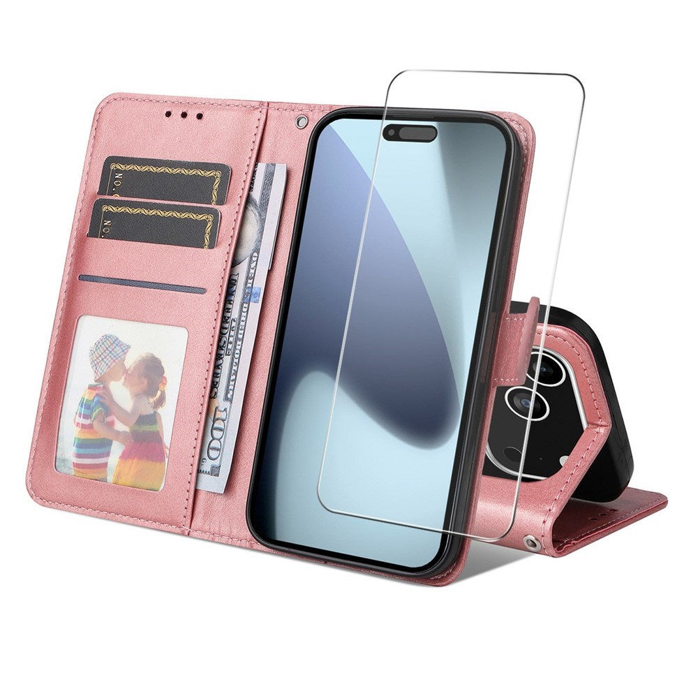 EIDERWOOD iPhone 17 Pro Max 2-in-1 Faux Leather Flip Case with Screen Protector Glass - Pink
