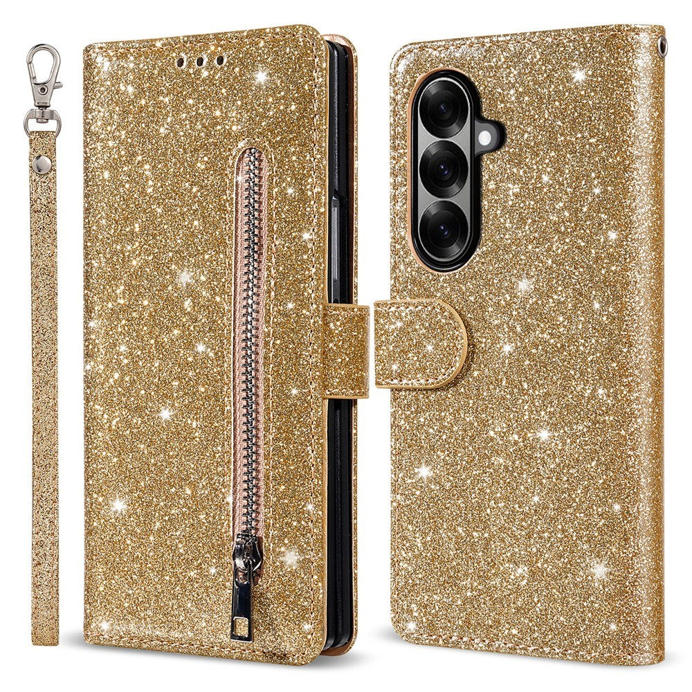 EIDERWOOD Samsung Galaxy Z Fold7 Glitter Flip Case with Wallet & Strap - Gold