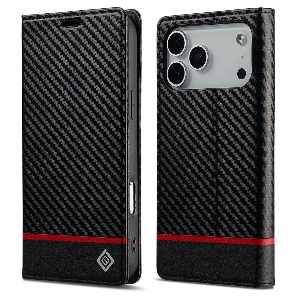 iPhone 18 Pro / 17 Pro LC.IMEEKE Artificial Leather Flip Case with Carbon Fiber - Black / Red Horizontal Stripe