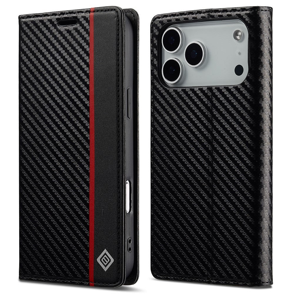 iPhone 18 Pro Max / 17 Pro Max LC.IMEEKE Artificial Leather Flip Case with Carbon Fiber - Black / Red Vertical Stripe