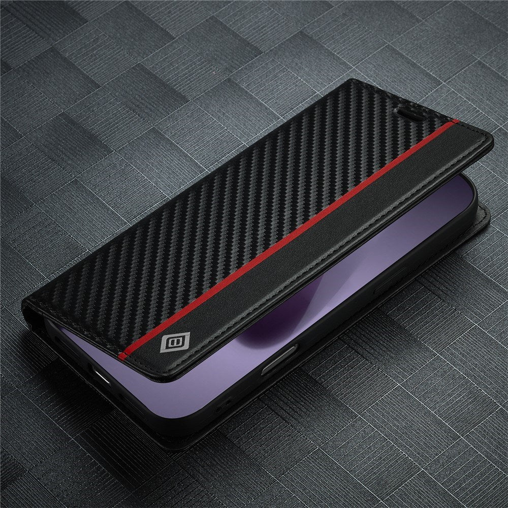 iPhone 18 Pro Max / 17 Pro Max LC.IMEEKE Artificial Leather Flip Case with Carbon Fiber - Black / Red Vertical Stripe