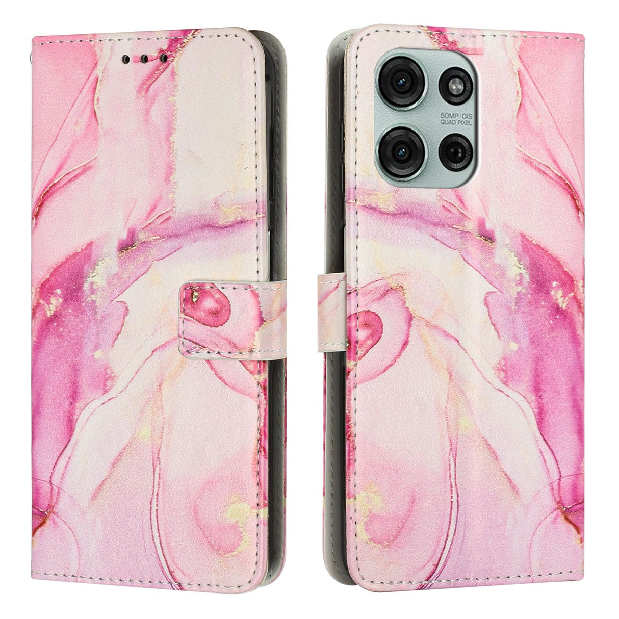 EIDERWOOD Motorola Moto G56 Marble Patterned Faux Leather Flip Case with Strap - Pink