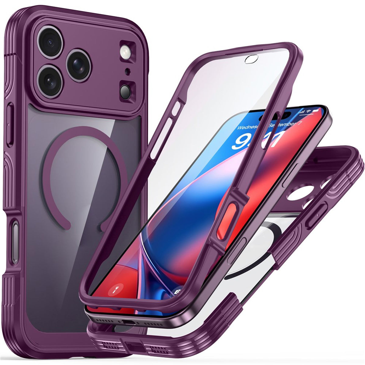 iPhone 18 Pro / 17 Pro Hybrid Plastic Case with Built-In Screen Protector - MagSafe Compatible - Transparent / Purple