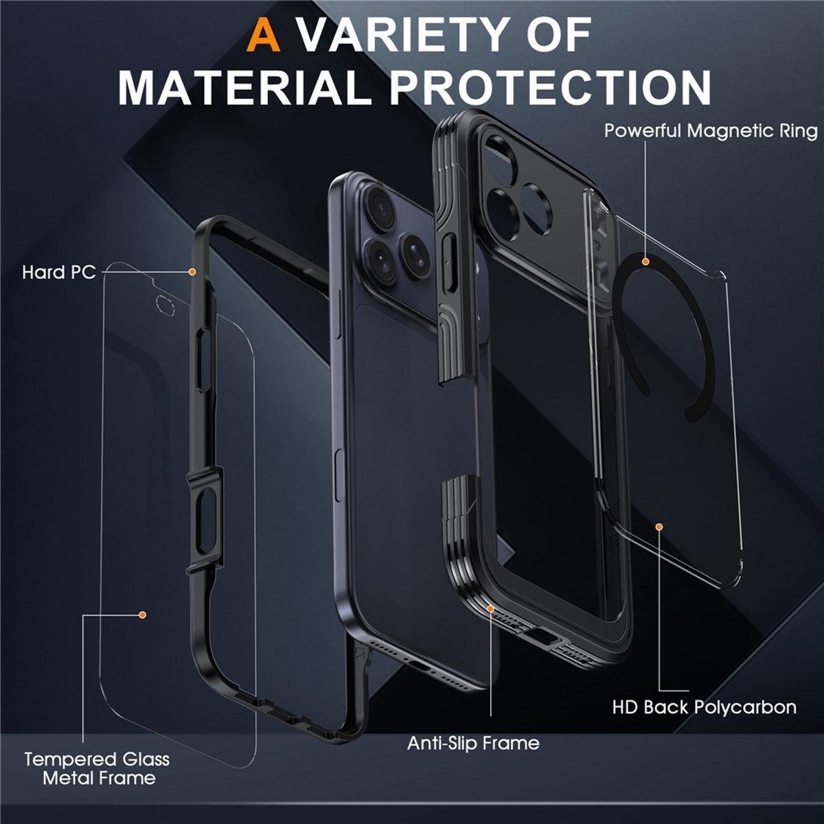 iPhone 18 Pro Max / 17 Pro Max Hybrid Plastic Case with Built-In Screen Protector - MagSafe Compatible - Transparent / Black