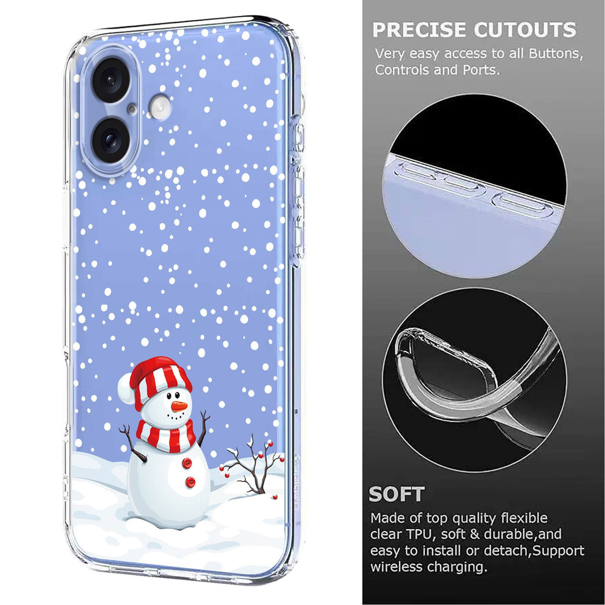 EIDERWOOD iPhone 16 Flexible Plastic Christmas Case with Motif - Transparent / Snowman