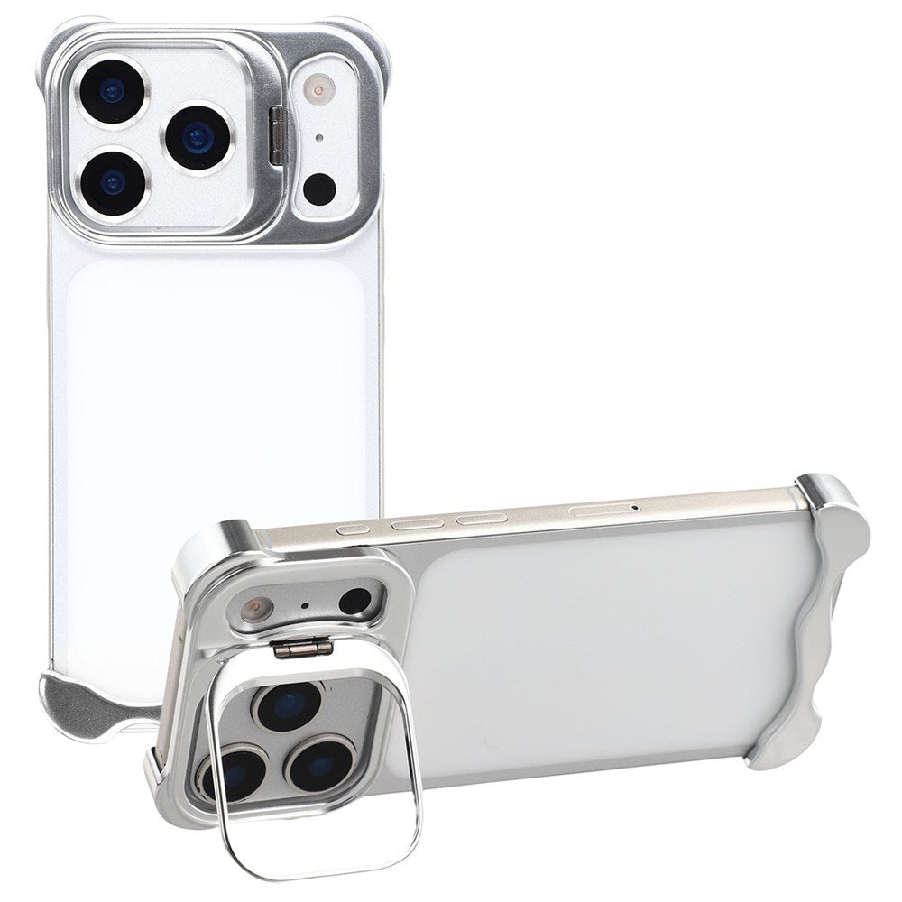 iPhone 17 Pro Two-Piece Metal Bumper Case with Stand & Lens Protector - Silver