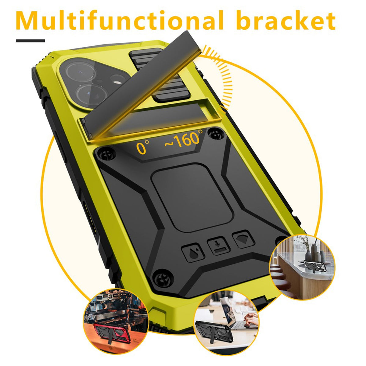iPhone 17 R-JUST Hybrid Rugged Case with Built-In Screen Protector & Kickstand - Yellow