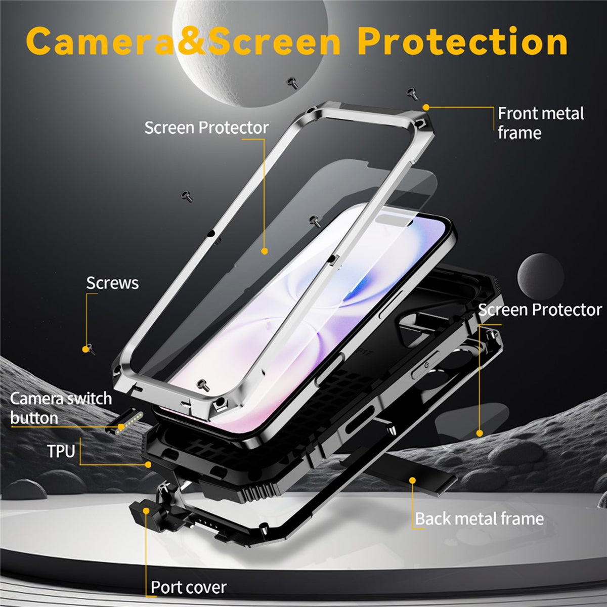 iPhone 17 R-JUST Hybrid Rugged Case with Built-In Screen Protector & Kickstand - Silver