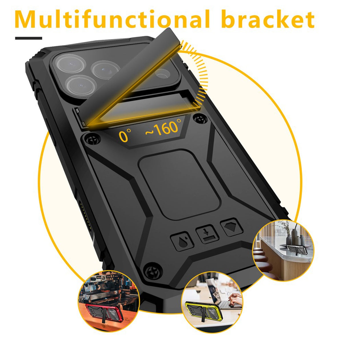 iPhone 18 Pro / 17 Pro R-JUST Hybrid Rugged Case with Built-In Screen Protector & Kickstand - Black