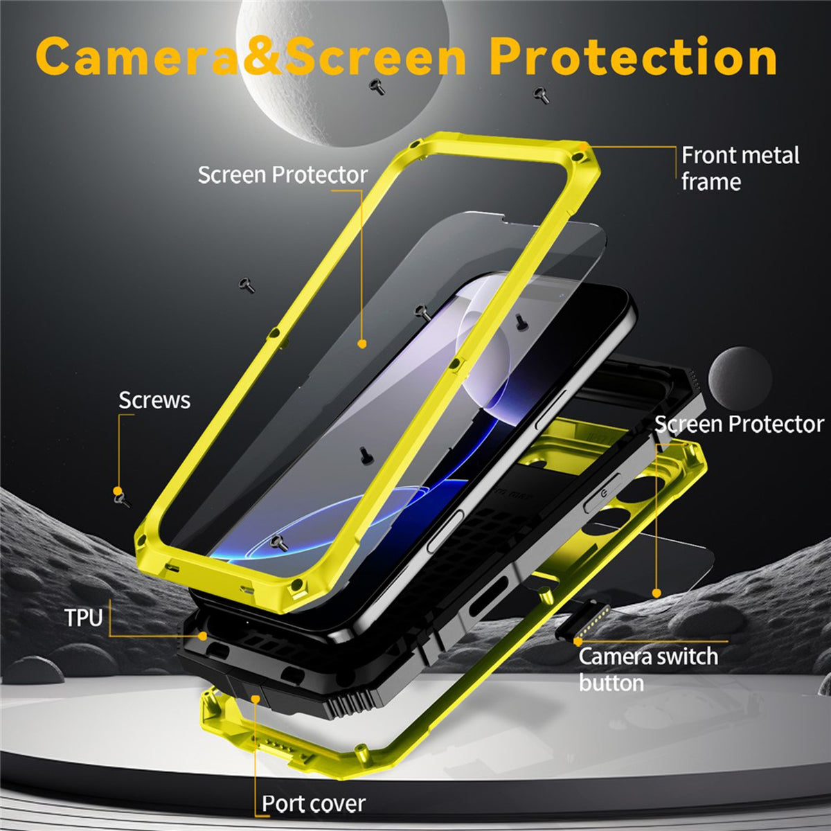 iPhone 18 Pro / 17 Pro R-JUST Hybrid Rugged Case with Built-In Screen Protector & Kickstand - Yellow