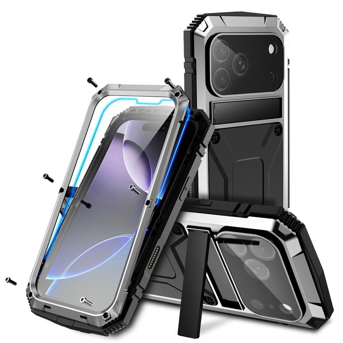 iPhone 18 Pro / 17 Pro R-JUST Hybrid Rugged Case with Built-In Screen Protector & Kickstand - Silver