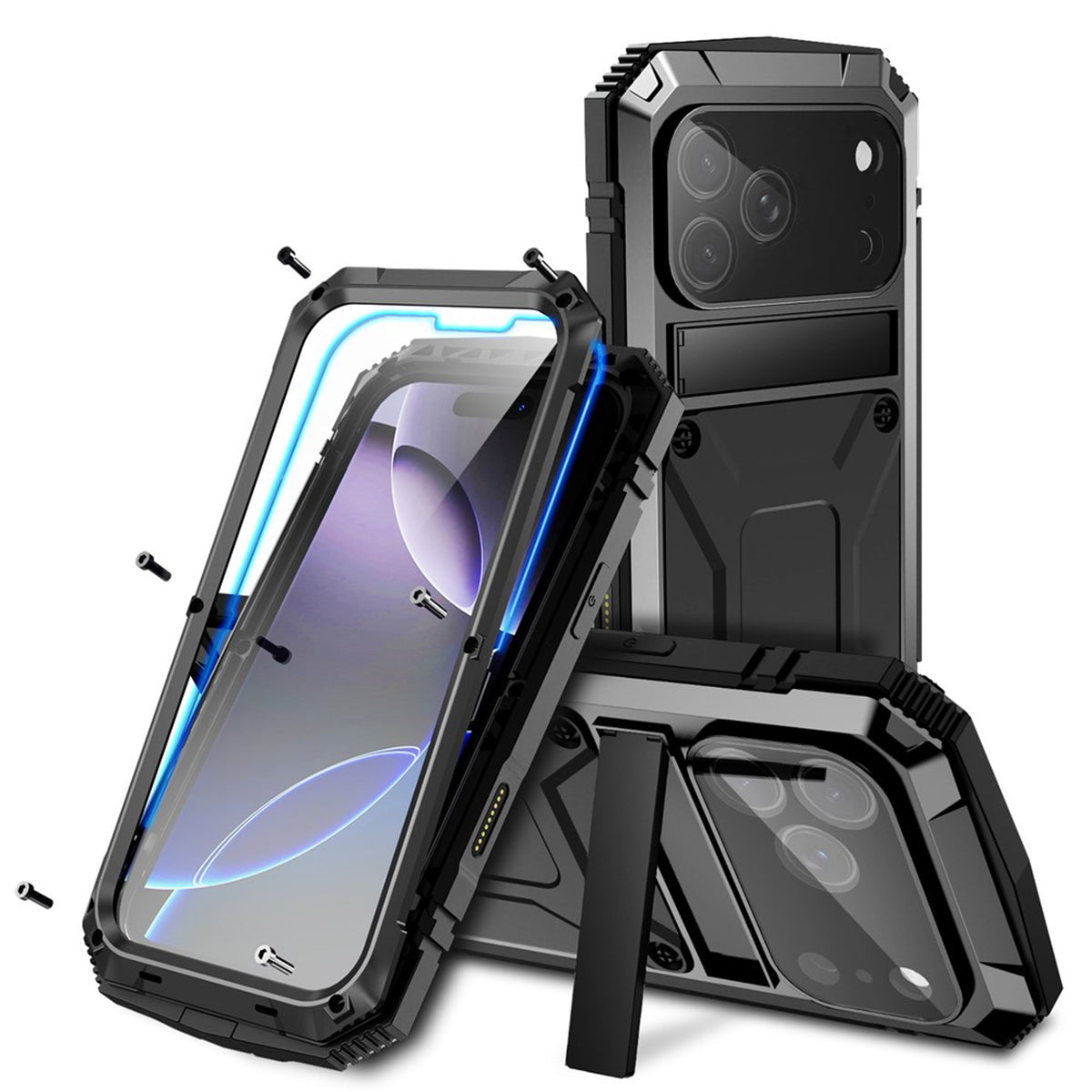 iPhone 18 Pro Max / 17 Pro Max R-JUST Hybrid Rugged Case with Built-In Screen Protector & Kickstand - Black