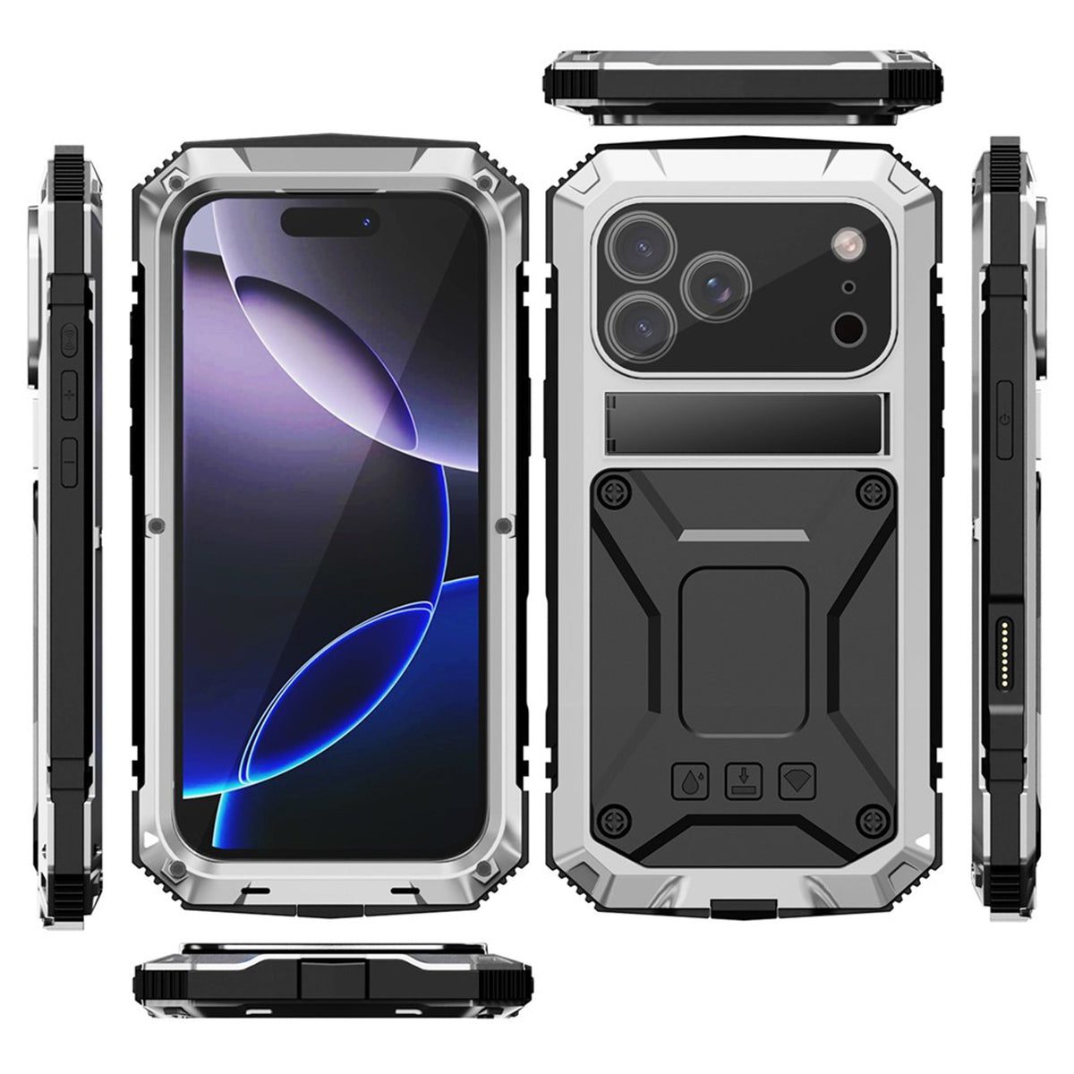 iPhone 18 Pro Max / 17 Pro Max R-JUST Hybrid Rugged Case with Built-In Screen Protector & Kickstand - Silver
