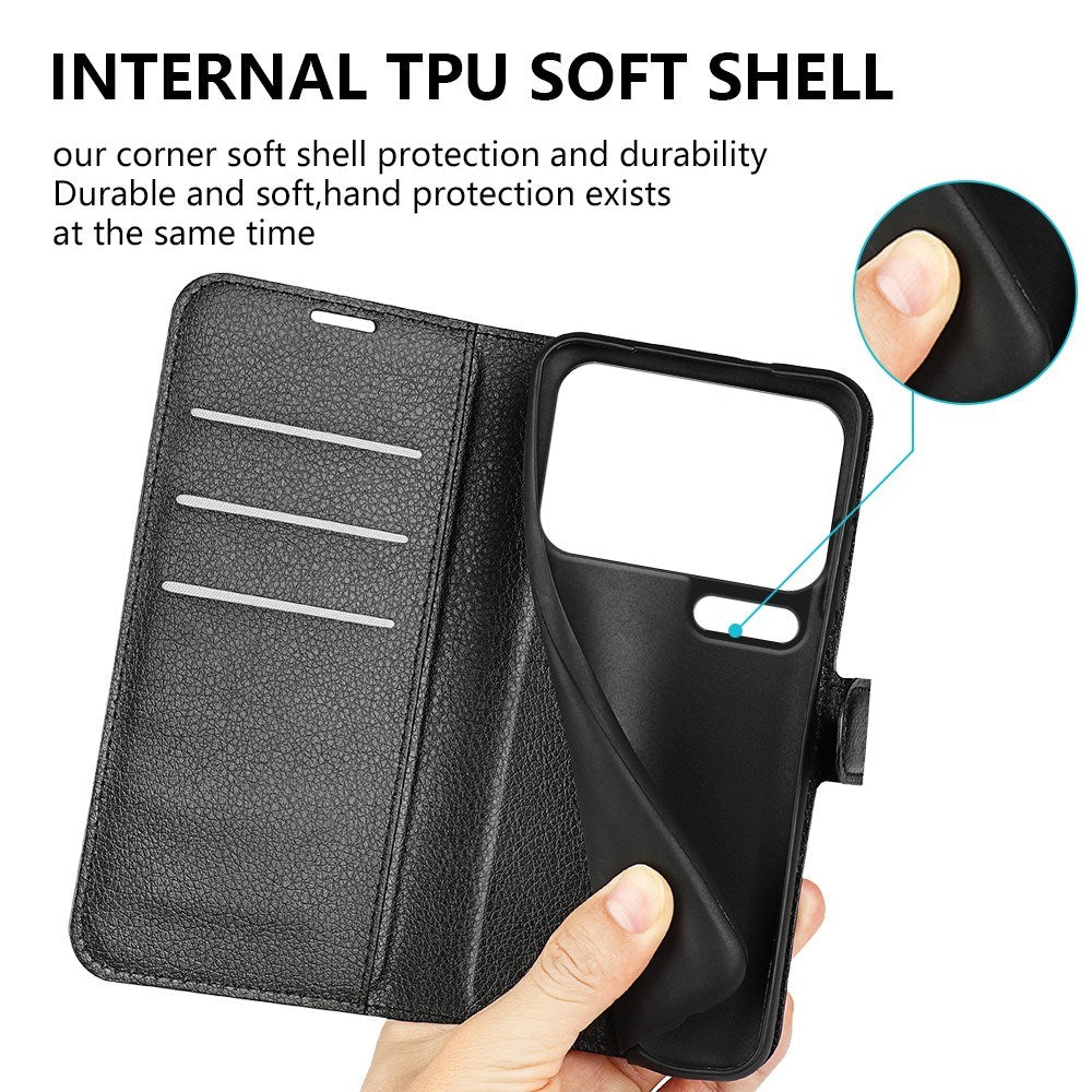 Xiaomi 17 Pro AMORUS Litchi Texture Leather Flip Case w. Wallet - Black