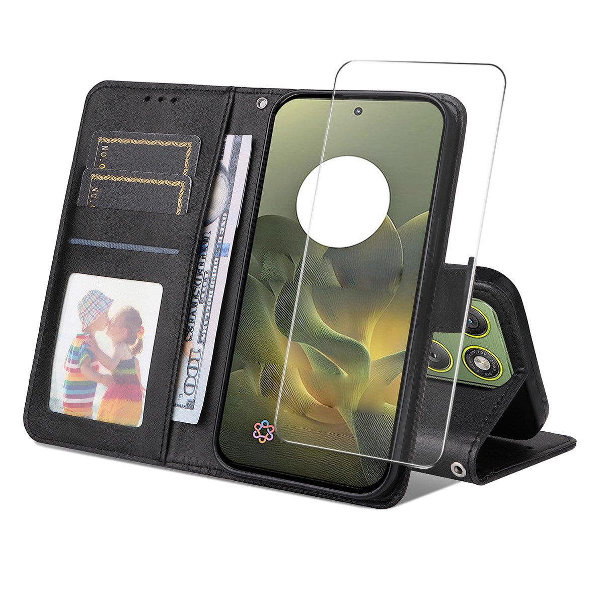 Motorola Edge 70 EIDERWOOD Leather Case with Screen Protector Glass & Card Holder - Black