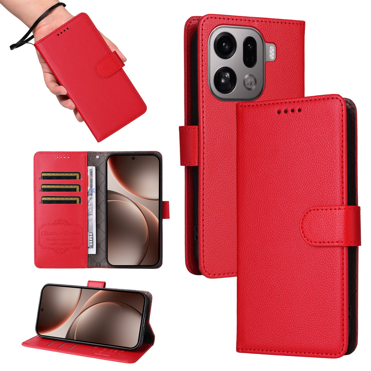 EIDERWOOD Oppo Find X9 Pro Faux Leather Flip Case with Strap - Red