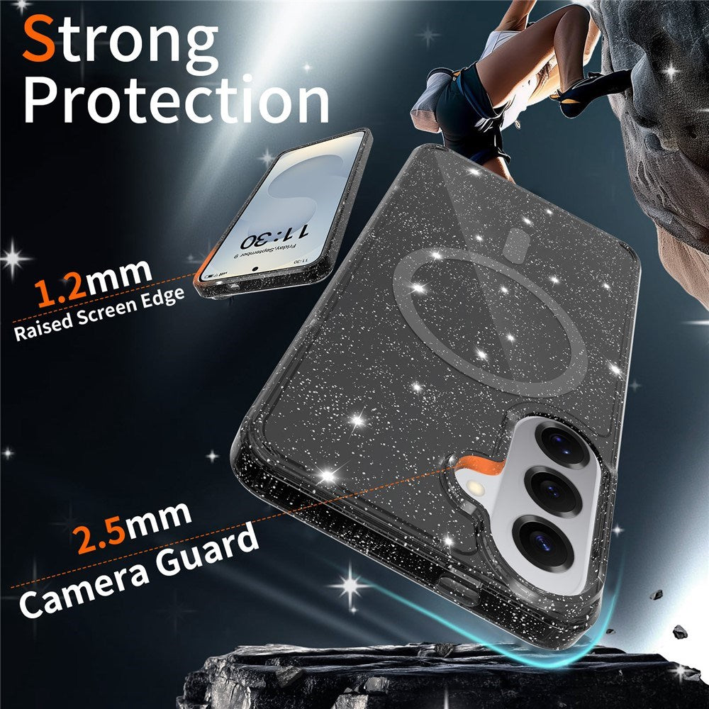 Samsung Galaxy S26+ (Plus) EIDERWOOD Magnetic Plastic Glitter Case with Screen Protector Glass – MagSafe Compatible – Transparent / Black