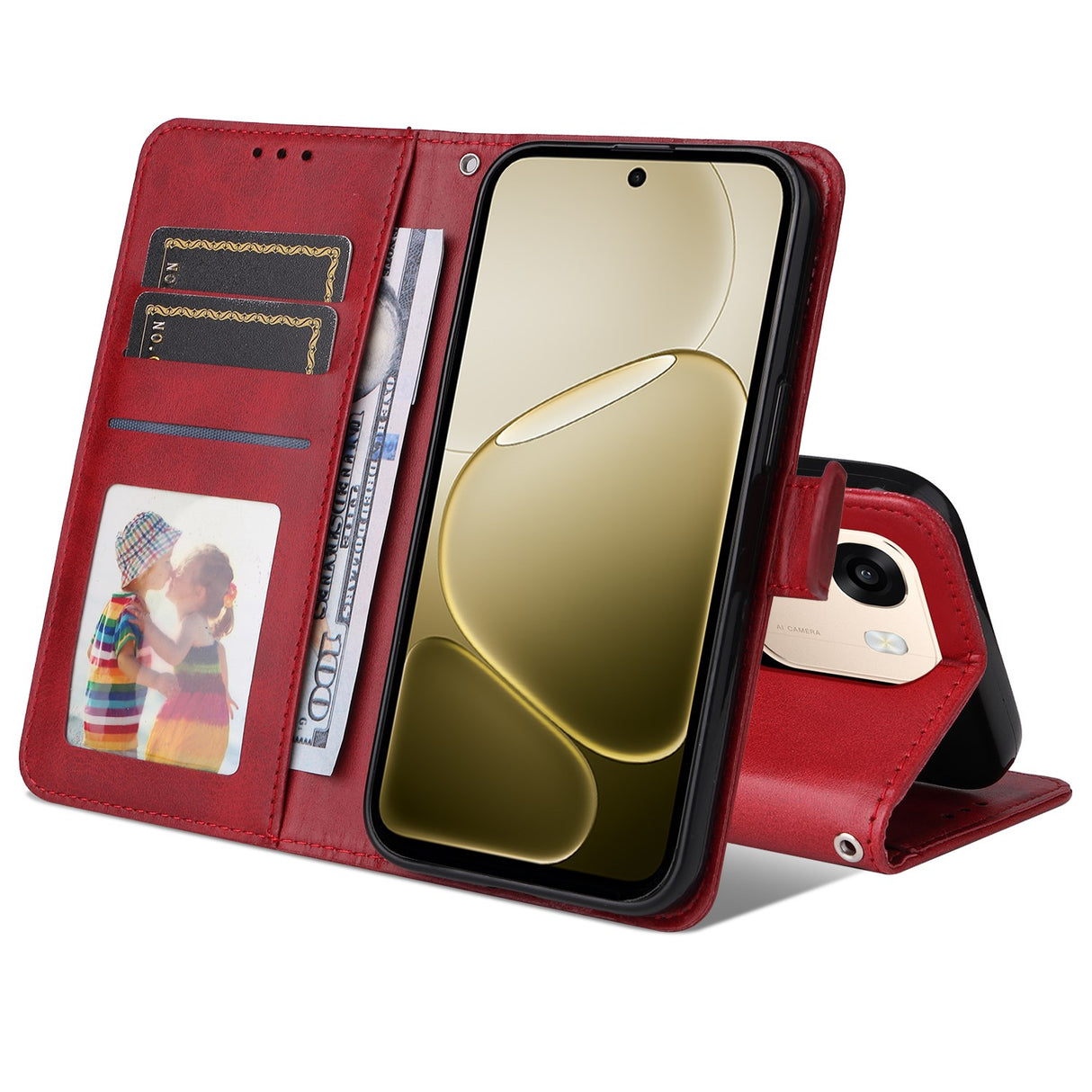 OPPO A6x EIDERWOOD Faux Leather Flip Case with Card Holder & Stand Function - Red