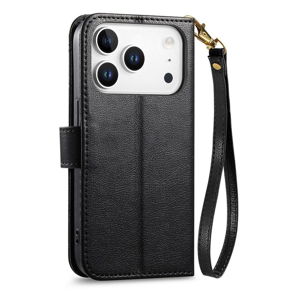 iPhone 18 Pro Max / 17 Pro Max EIDERWOOD Faux Leather Flip Case with Texture & Strap - Black
