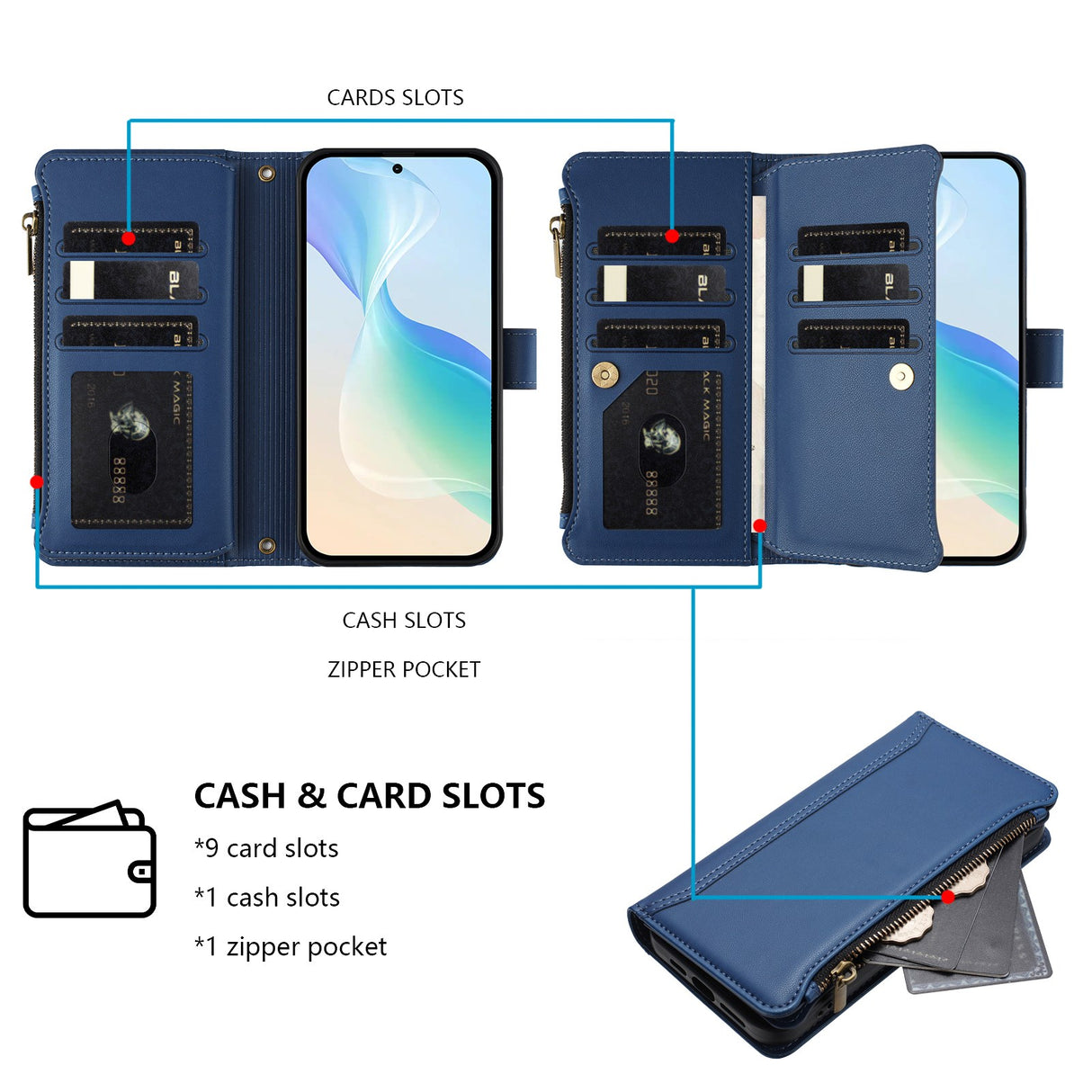OPPO A6x EIDERWOOD Faux Leather Flip Case with 9 x Card Holder & Zipper Pocket - Blue