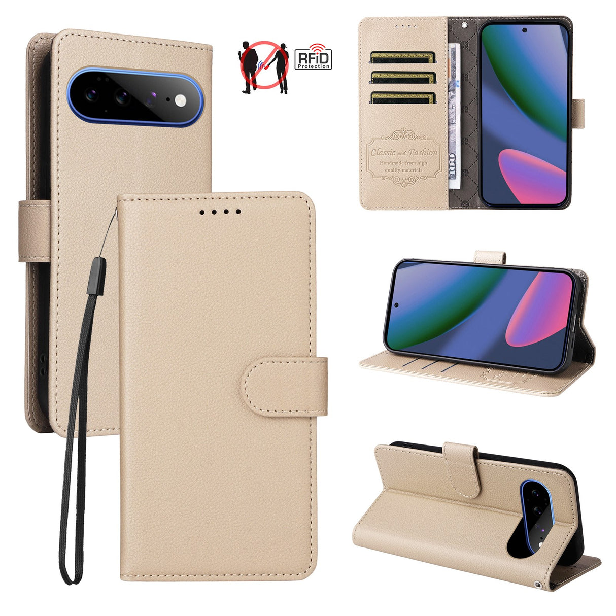EIDERWOOD Google Pixel 11 Pro XL Flip Case - Card Holder & Wrist Strap - Beige