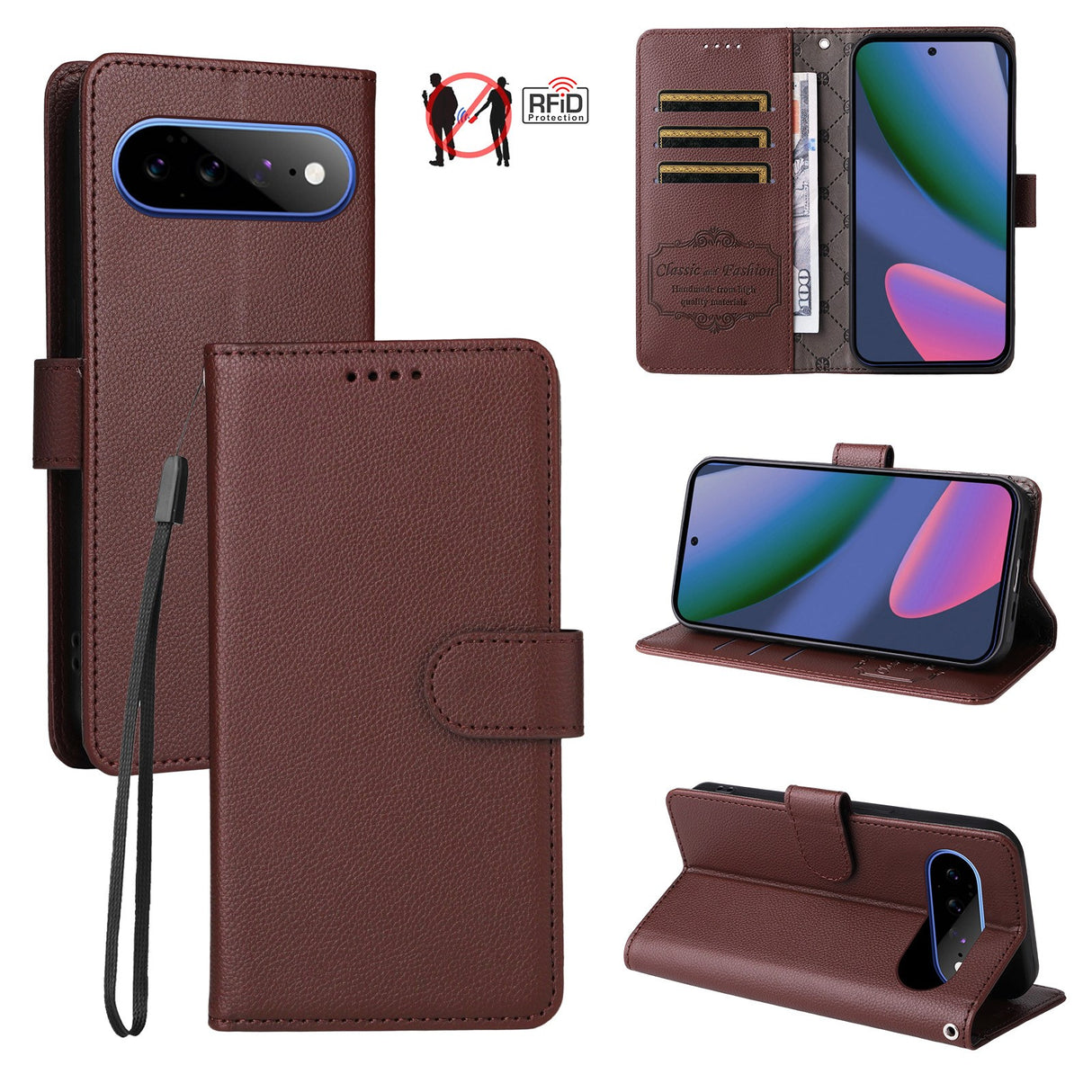 EIDERWOOD Google Pixel 11 Pro XL Flip Case - Card Holder & Wrist Strap - Brown