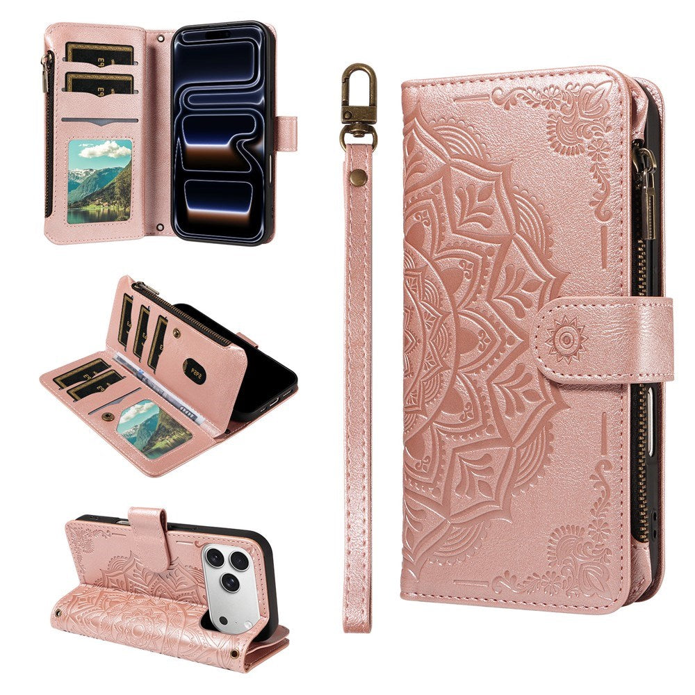 iPhone 17 Pro EIDERWOOD Flip Case with 9 x Card Holder - Zipper Pocket - RFDI Blocking - Strap - Rose Gold