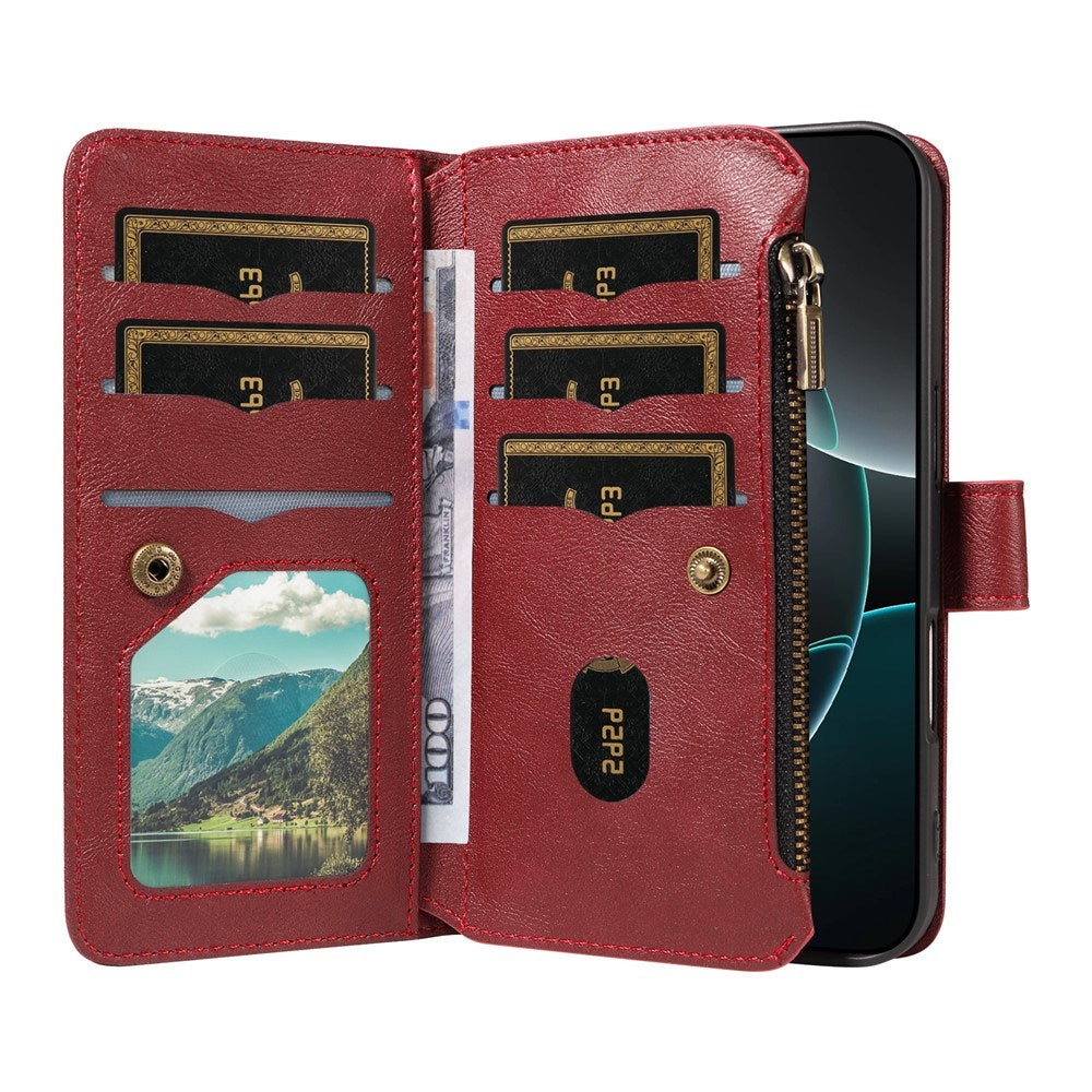 iPhone 17 Pro EIDERWOOD Flip Case with 9 x Card Holder - Zipper Pocket - RFDI Blocking - Strap - Red